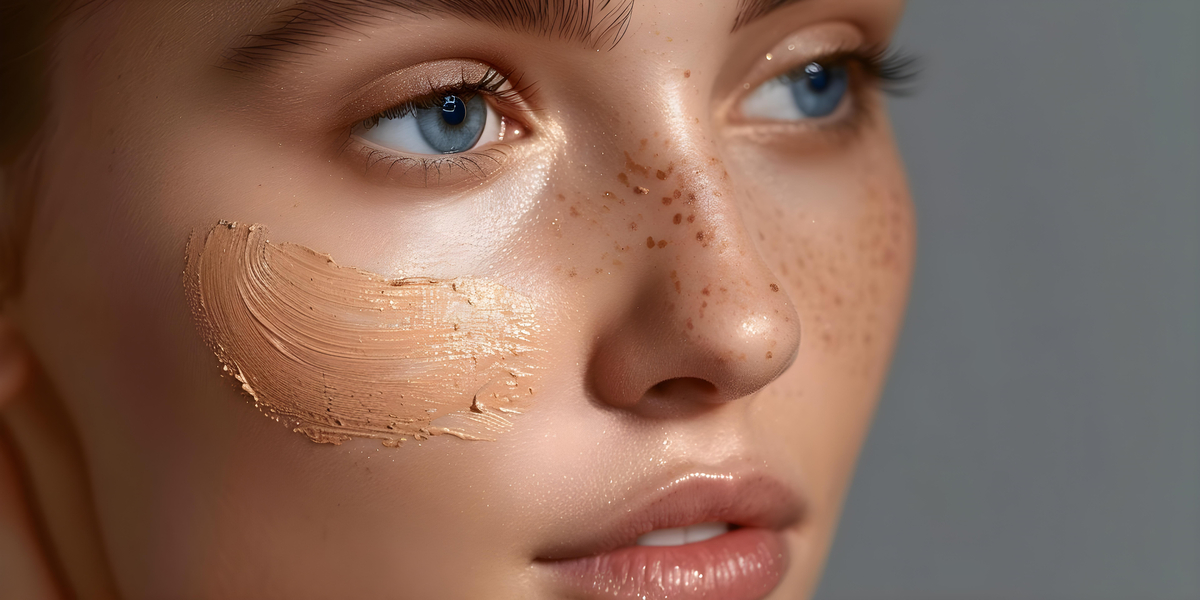 A woman applying makeup on her face