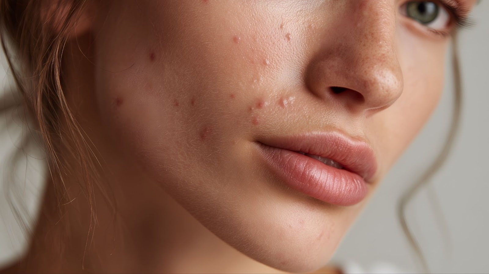 A woman having Acne breakouts on her face