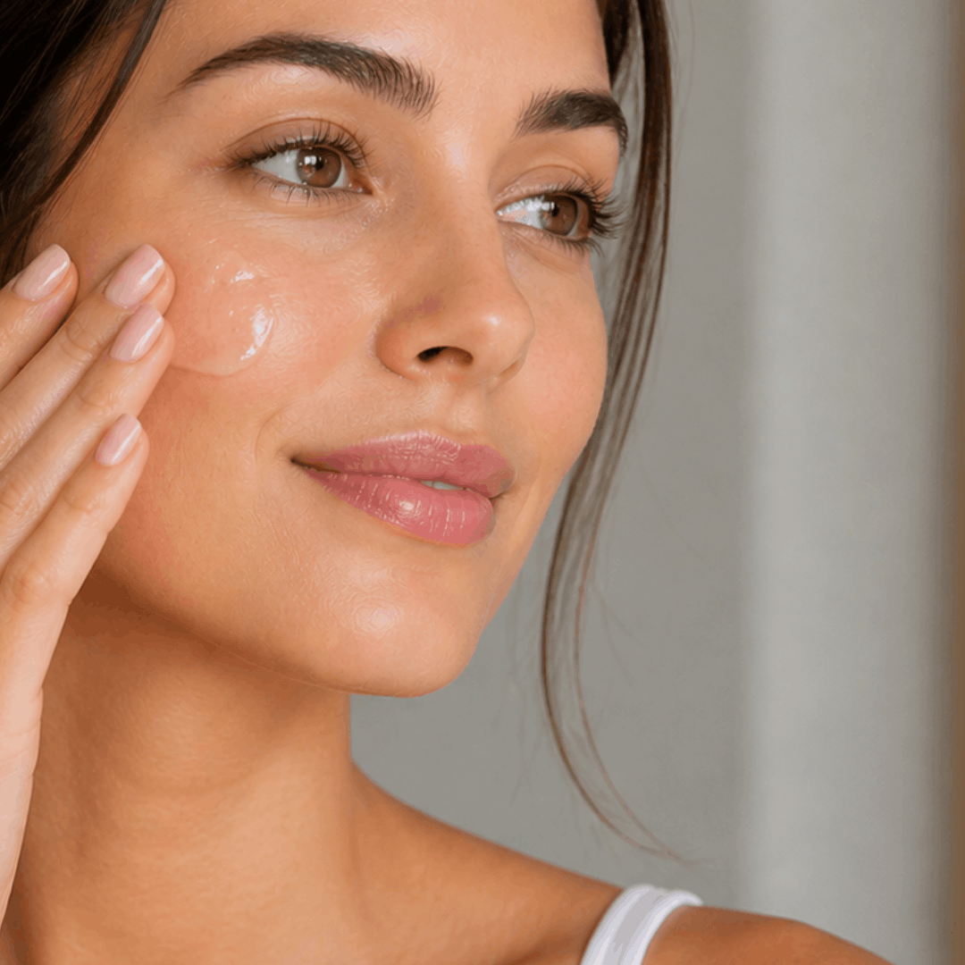 A woman is applying an anti-aging serum
