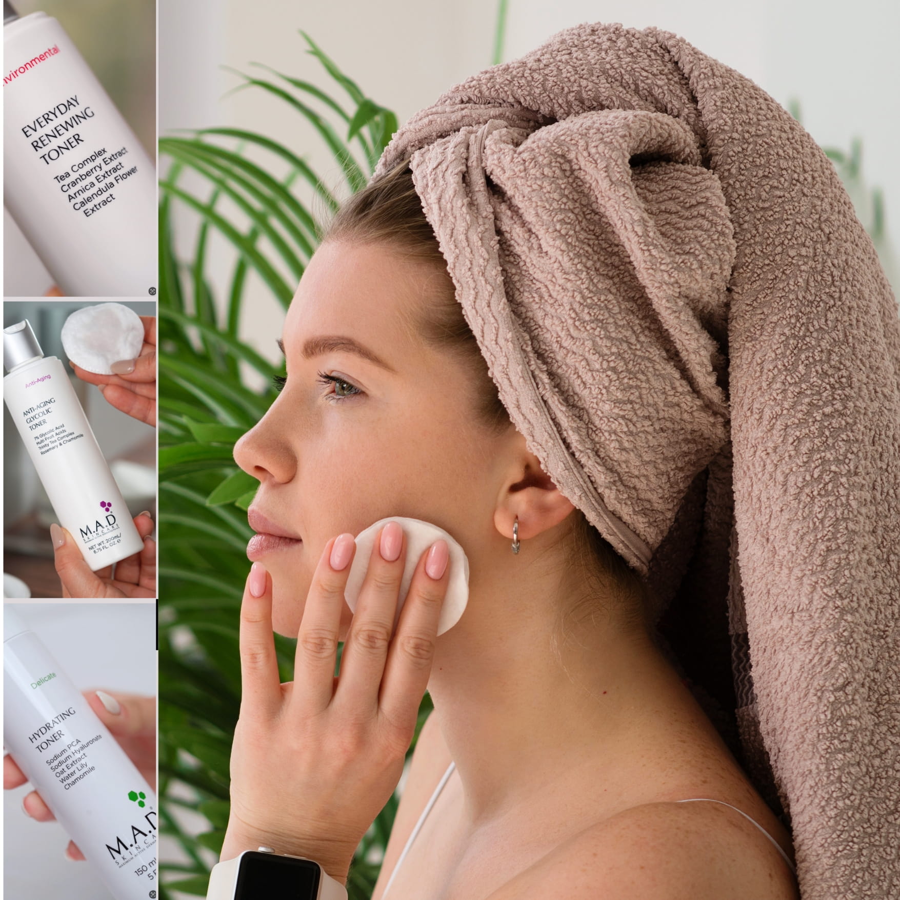 A woman applying toner on her face