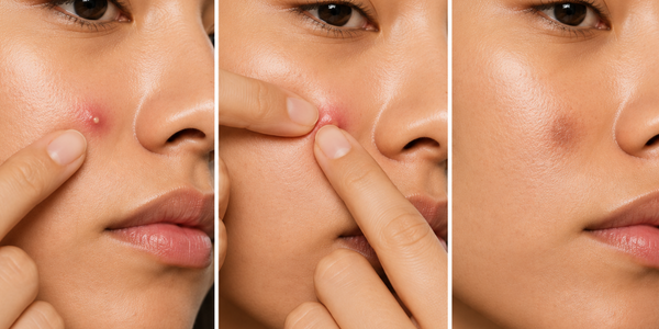 A woman showing a pimple on her face