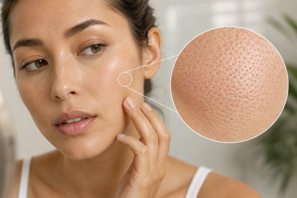 A woman showing enlarged pores on her face